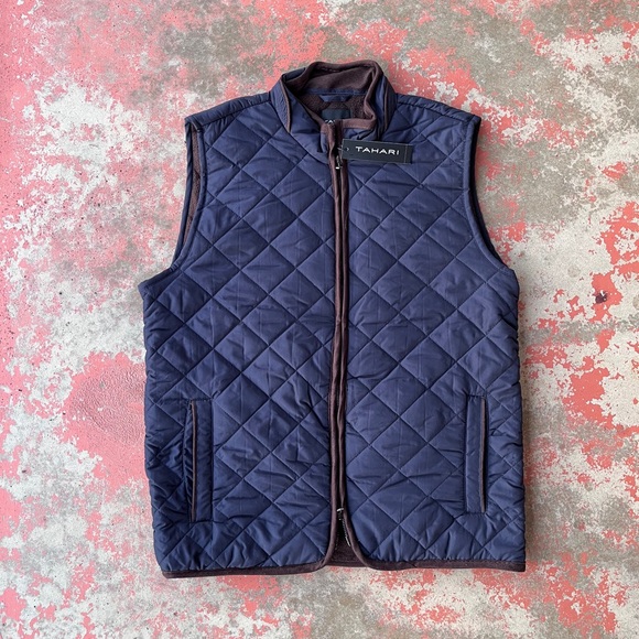 TAHARI Quilted Vest Zipper Pockets Navy Blue Brown Trim Size XXL New NWT - Picture 3 of 9
